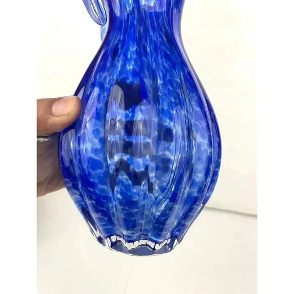 VTG Blue Murano Glass Vase Spotted Ribbed Vase 8.5" Tall Three Petal Floral MCM - Picture 4 of 11